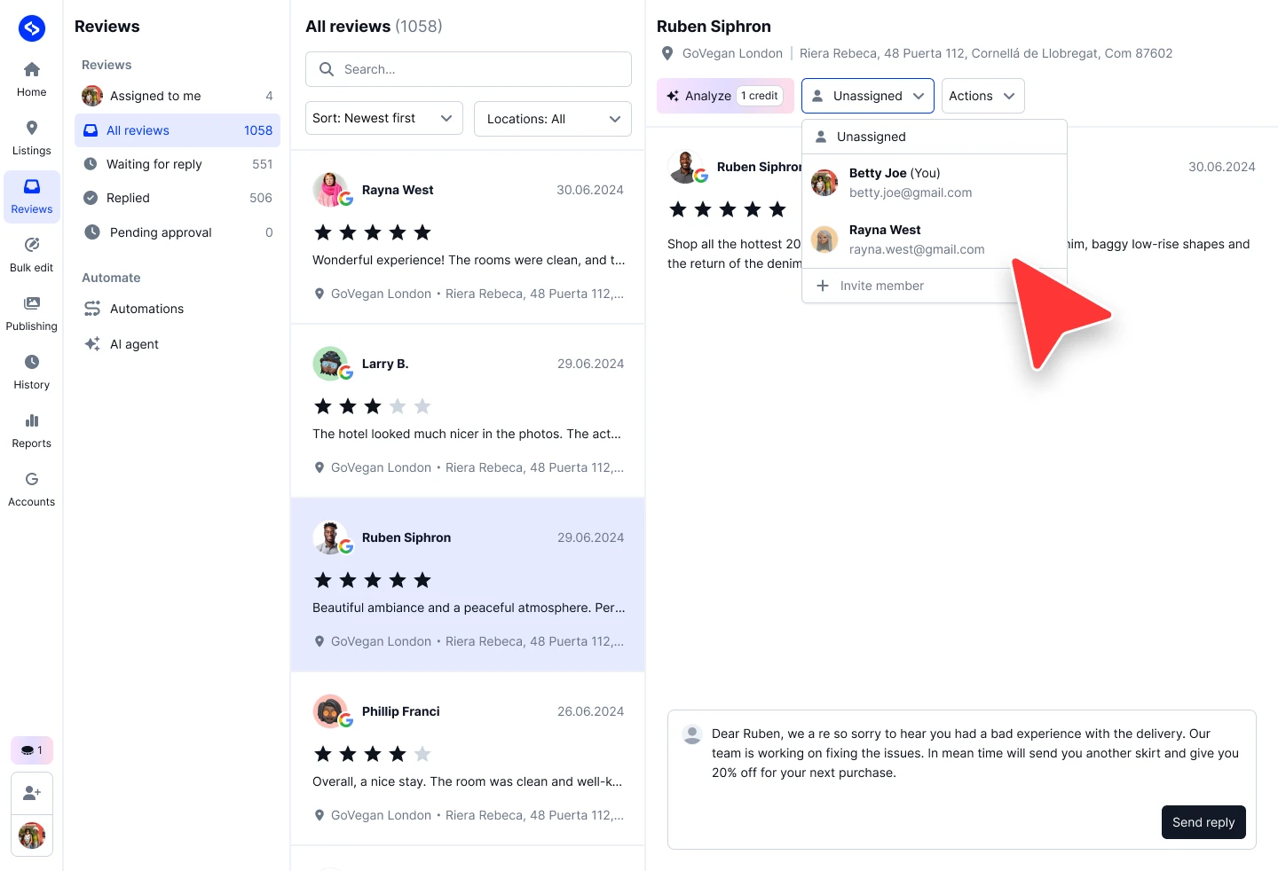 Reviews page with the Unassigned dropdown open showing team members the review can be assigned to