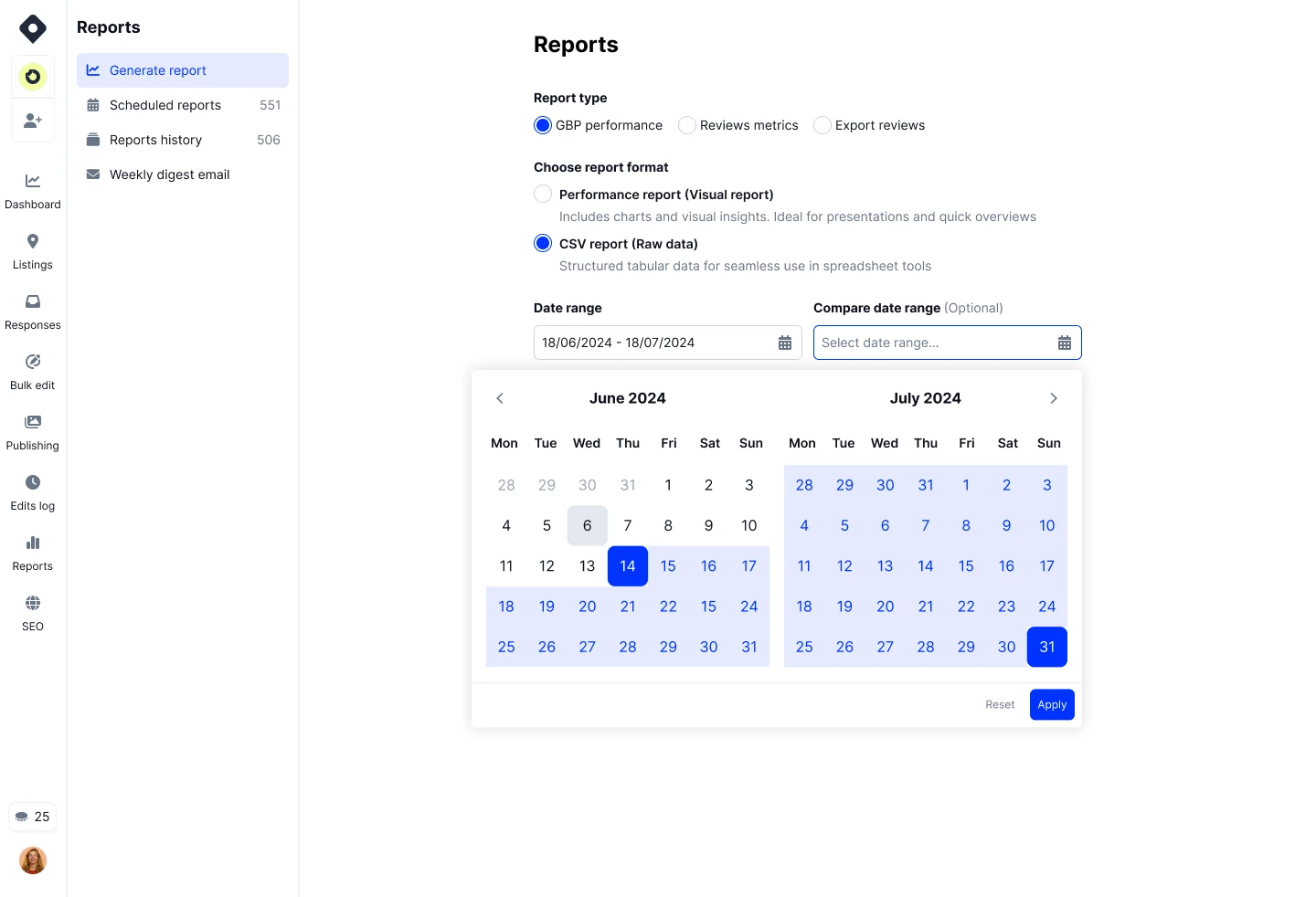 Localith Reports view with report type, format, date range, and location selectors