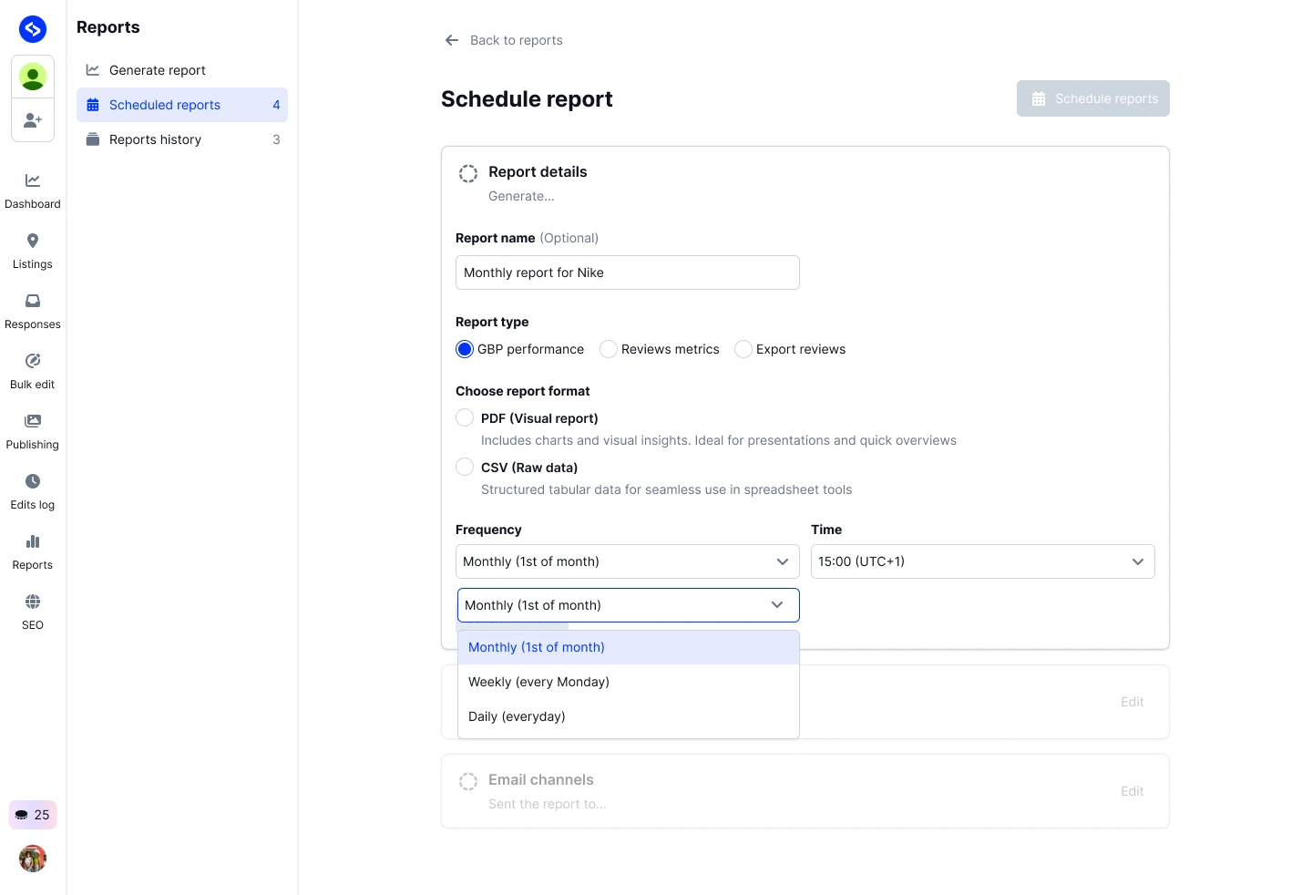Localith Schedule report screen with frequency dropdown showing daily, weekly, and monthly options