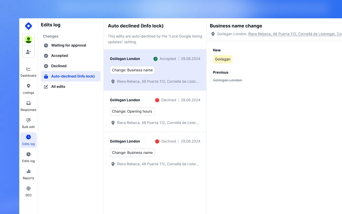 Edit log entry showing an auto-blocked change attempt against a locked field