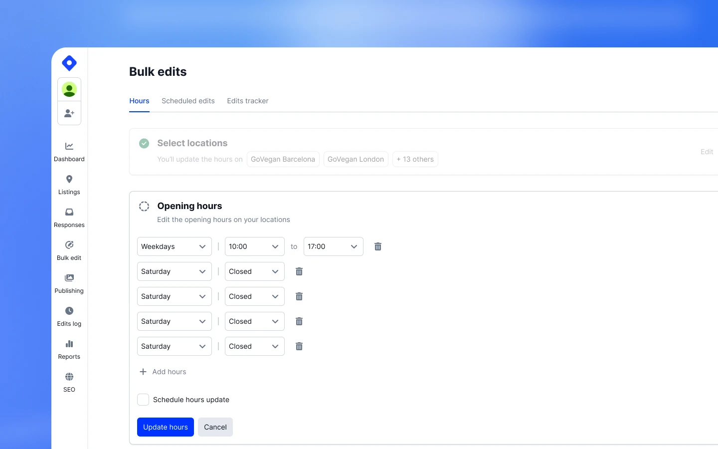 Bulk edit workflow for updating business profile hours across multiple listings