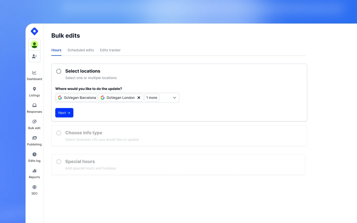 Bulk edit location selector showing the listings chosen before the update is applied