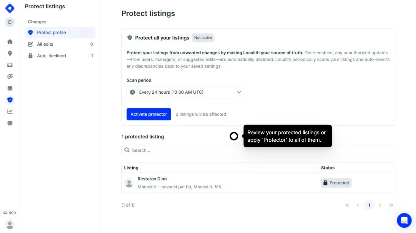 Protect listings page showing the scan period, the Activate protector button, and the protected listings table