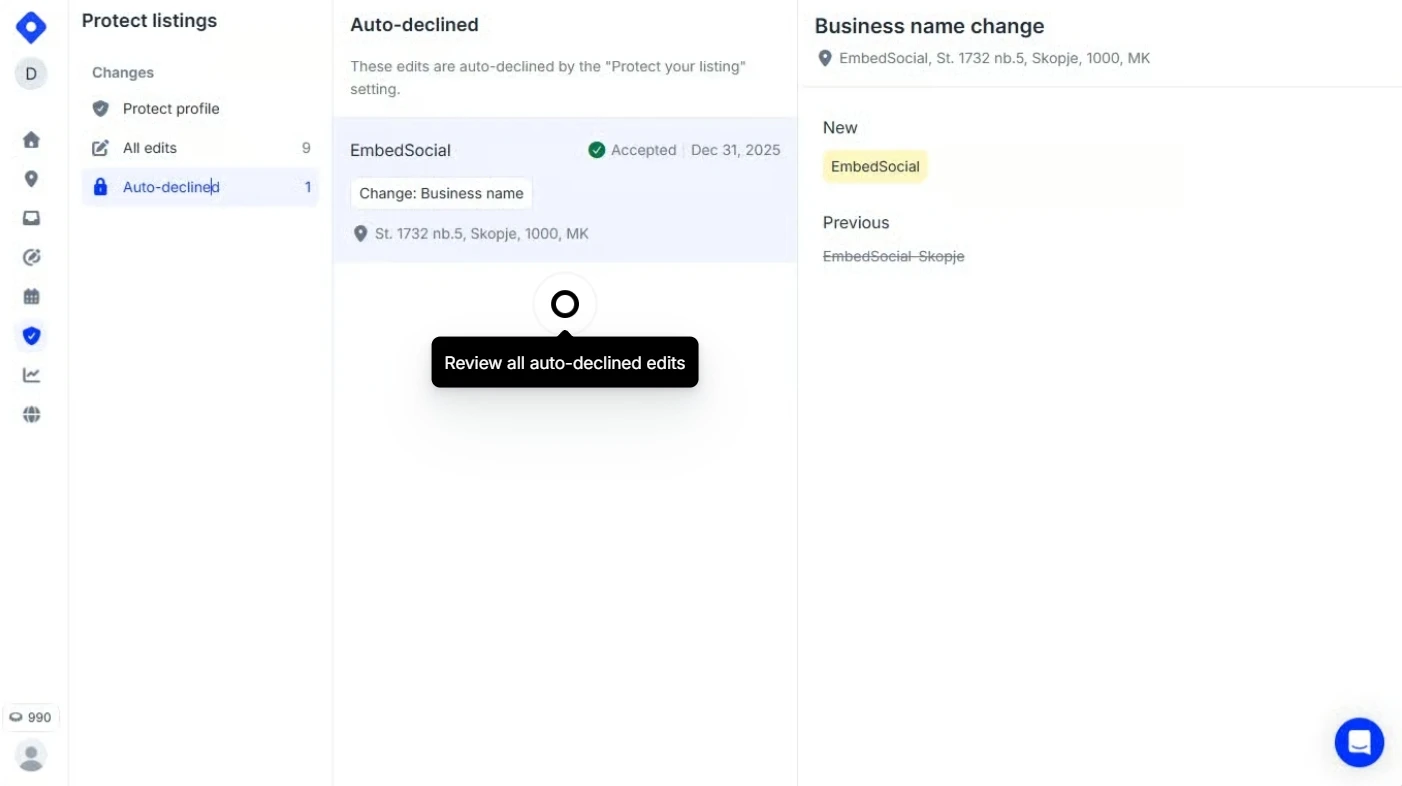 Auto-declined view showing a business name change that Protector rejected automatically