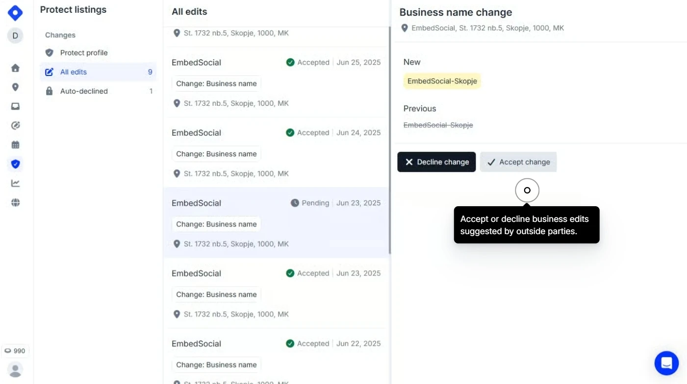 All edits view comparing a new and previous business name with the accept and decline controls