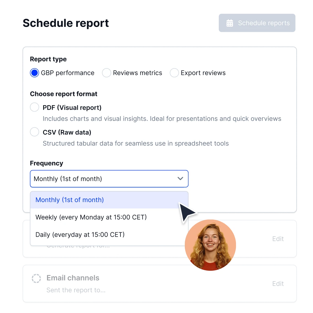 Janela modal de agendamento de relatórios no Localith com seleção de tipo, formatos PDF e CSV, frequências e canais de email