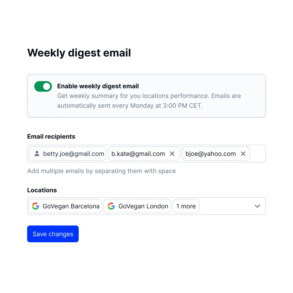 Cartão de configuração de resumo semanal por email no Localith com gestão de destinatários e seleção multi-localização