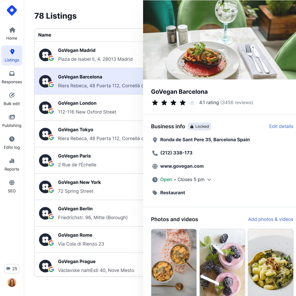 Localith-Eintragsübersicht mit 78 Standorten und einem ausgewählten Google-Unternehmensprofil mit gesperrten Daten, Bewertung und Fotos